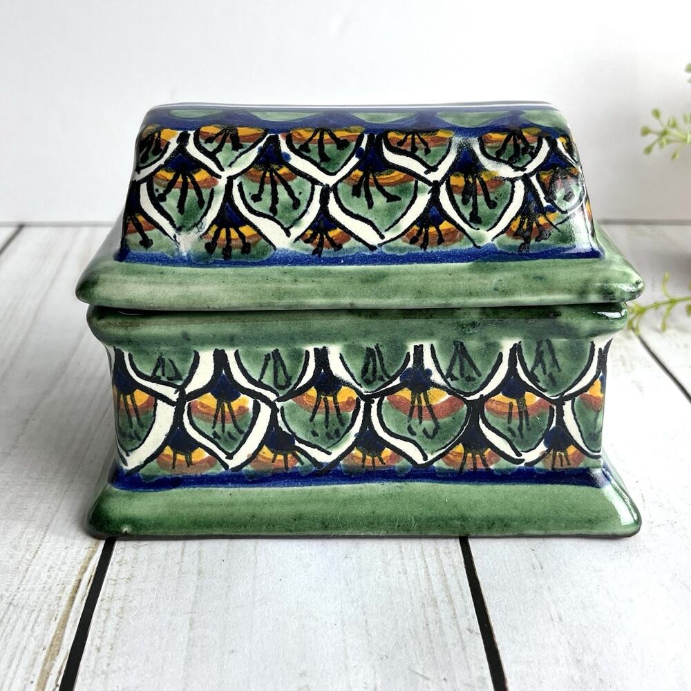 Mexico Talavera Pottery Lidded Trinket Box Signed Botanical Floral Greens Blues